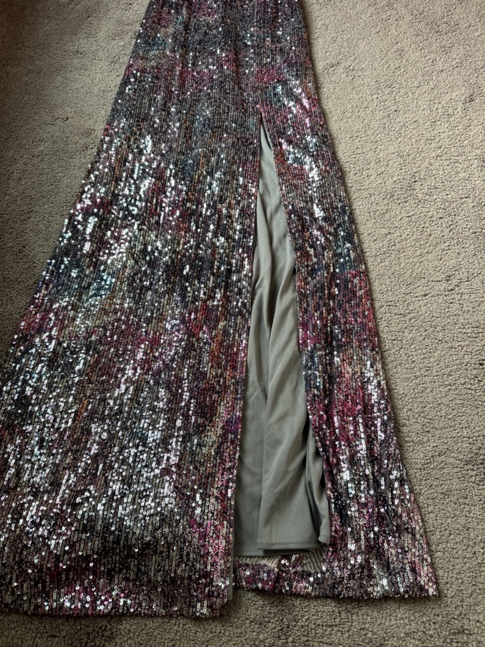 Xscape Multicolor Sequin Maxi Formal Dress Spaghetti Strap Slit SIZE 2 - Picture 5 of 7